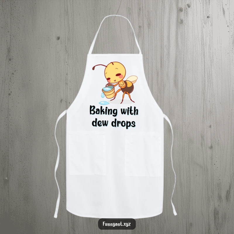 Funny apron showing a cute ant character playfully tipping a small dewdrop bucket, bringing a fun and playful vibe to cooking.