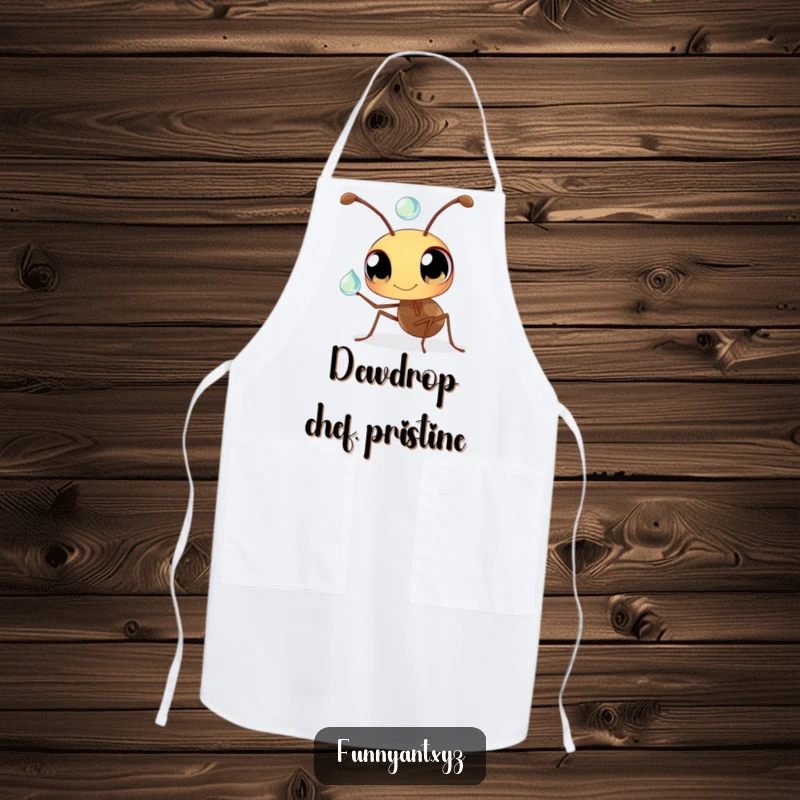 Funny Ant Apron: A whimsical illustration of an ant balancing a dewdrop on its antenna, ideal for a humorous kitchen experience.