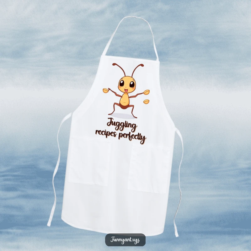 Funny Apron: A busy ant character juggling seeds with its legs, perfect for adding a touch of industrious charm to kitchen duties.