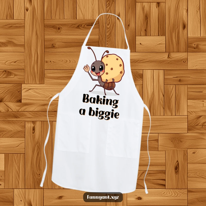Funny apron with a kawaii ant waving cheerfully carrying a large smiling crumb, perfect for humorous kitchen adventures.