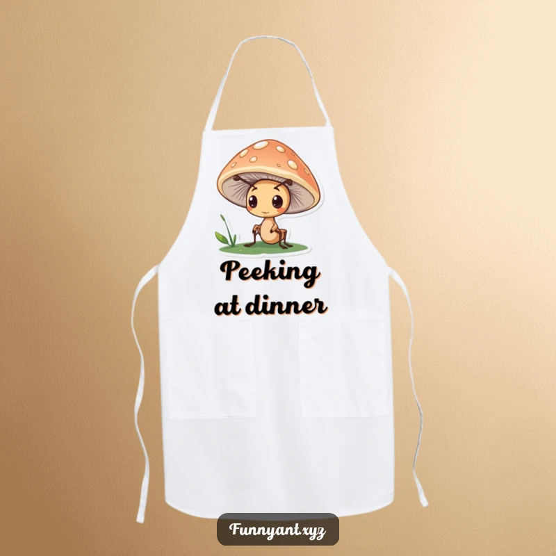 Funny apron showing a cute ant character peeking curiously from under a mushroom cap, bringing a hint of playful mystery to cooking.