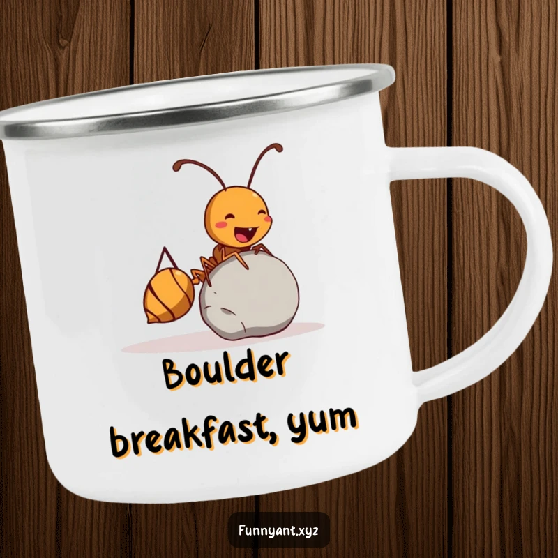 Funny Ant Camping Mug: A rugged enamel mug showing a strong ant rolling a large pebble, perfect for funny outdoor enthusiasts.
