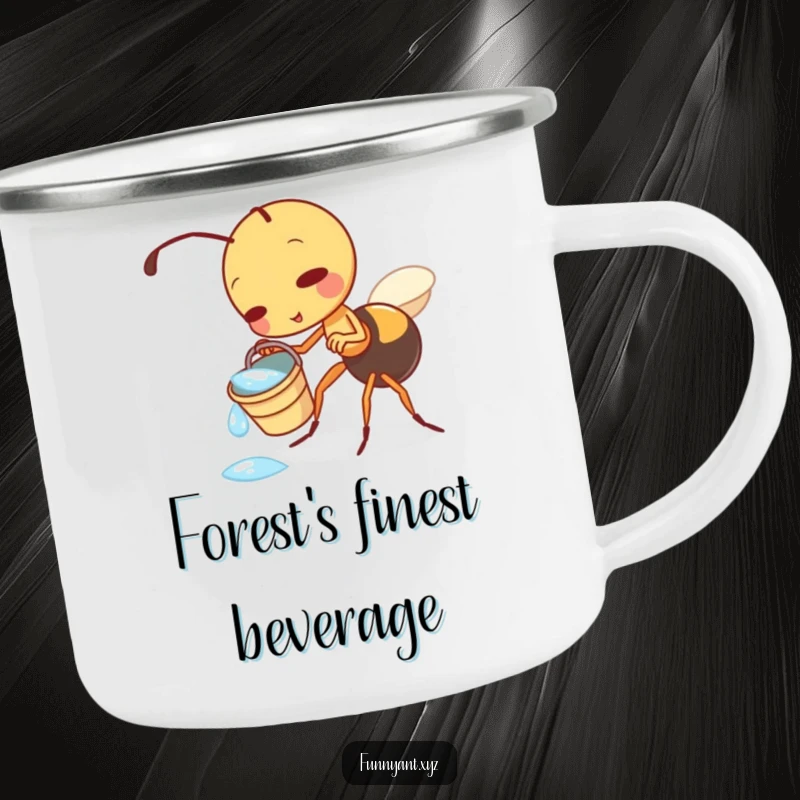 Funny camping mug showing a cute ant character playfully tipping a small dewdrop bucket, ready for outdoor fun and a bit of mischief.