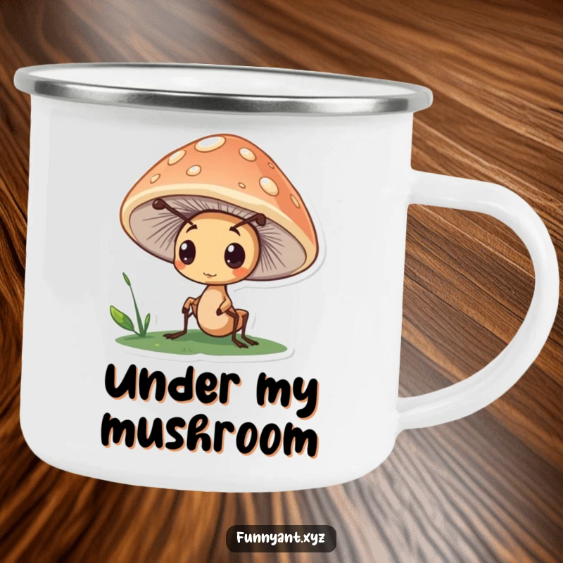 Funny camping mug showing a cute ant character peeking curiously from under a mushroom cap, ready for outdoor exploration and gentle discovery.