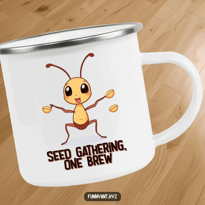 Funny Camping Mug: A busy ant juggling seeds with its legs, perfect for enjoying beverages and staying motivated during outdoor activities.