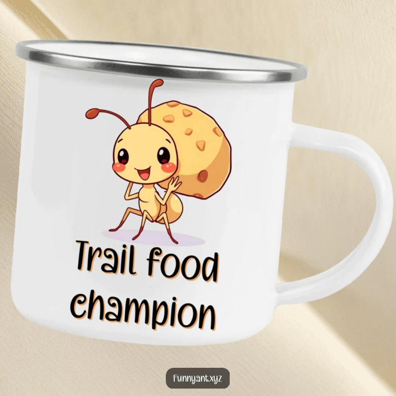 Funny camping mug showing a cute ant character beaming while carrying a large crumb, symbolizing strength and determination on any adventure.