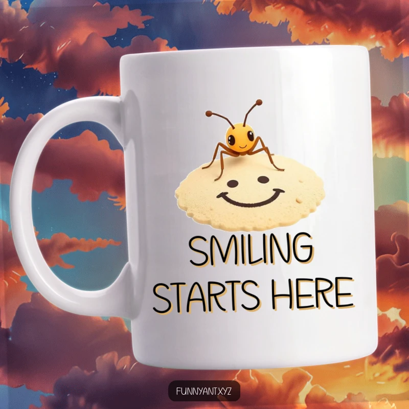 Funny mug depicting a tiny ant artistically drawing a smiley face in the sand, symbolizing simple joys and humor.