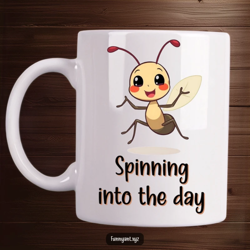 Funny mug featuring a cute ant character doing a joyful spin with leafy antennae, radiating pure happiness and carefree energy.