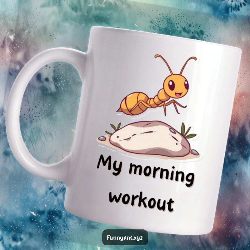 Funny Ant Leaping Pebble Mug: An energetic ant character humorously jumps over a small pebble, showcasing determination and a cheerful attitude.