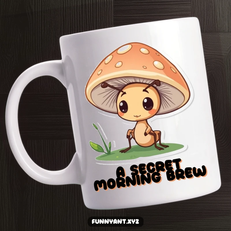 Funny mug featuring a cute ant character peeking curiously from under a mushroom cap, embodying a spirit of gentle exploration.