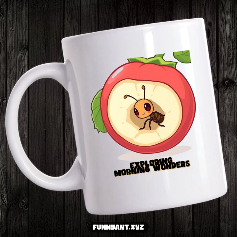 Funny Mug: A curious ant character peeking inquisitively inside a large, hollow berry, showcasing tiny exploration and wonder.