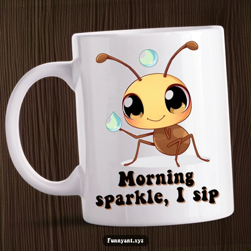 Funny Ant Mug: Tiny ant with huge curious eyes balancing a sparkling dewdrop on its antenna, a moment of delicate wonder.