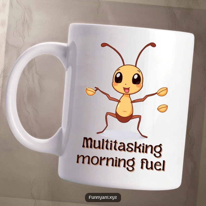 Funny Mug: A busy ant character impressively juggling three tiny seeds with its legs, showcasing incredible focus and effort.