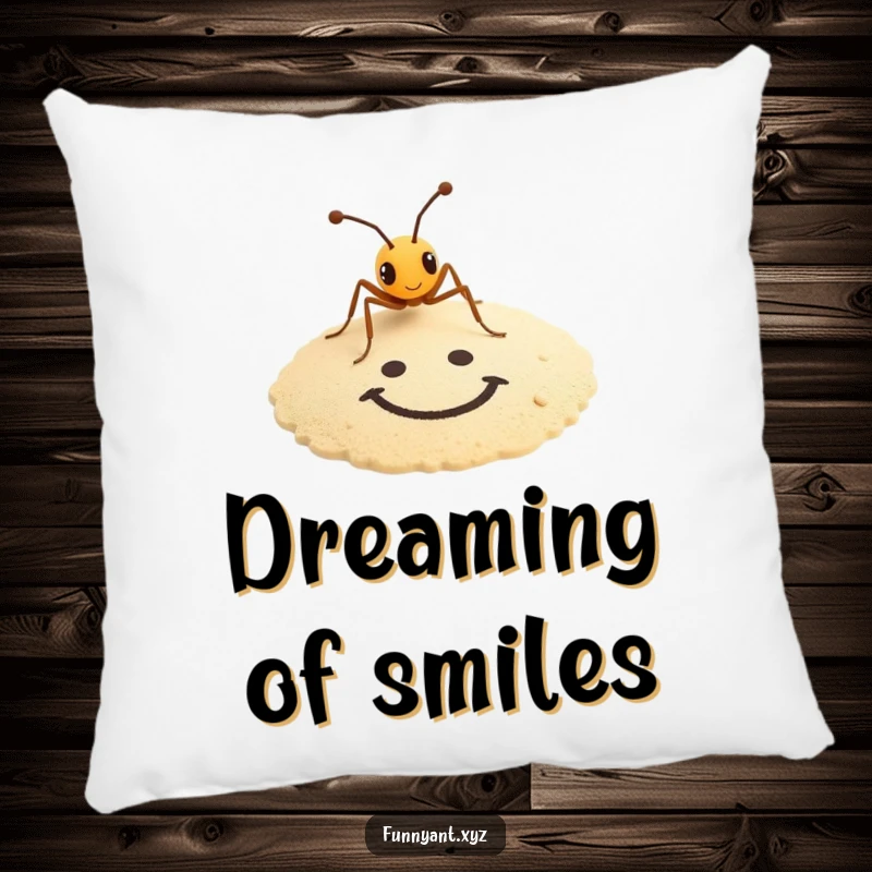 Funny accent pillow with a tiny ant artistically drawing a smiley face in the sand, providing cozy and humorous charm.