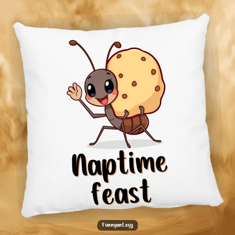 Funny accent pillow with a kawaii ant waving cheerfully carrying a smiling crumb, providing cozy and humorous charm.