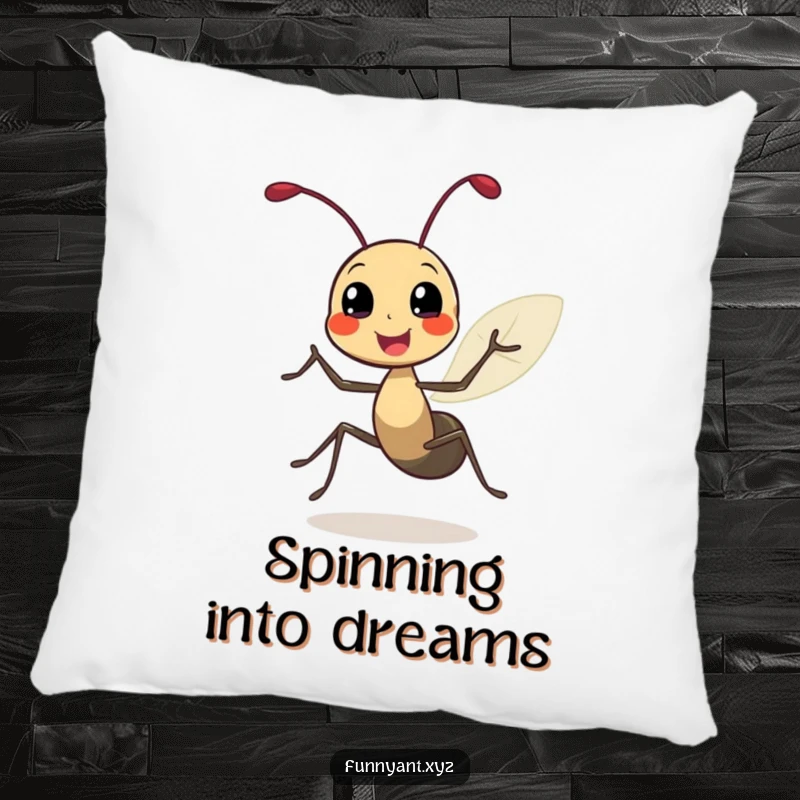 Funny pillow featuring a cute ant character doing a joyful spin with leafy antennae, bringing a dose of happiness and cozy cheer.