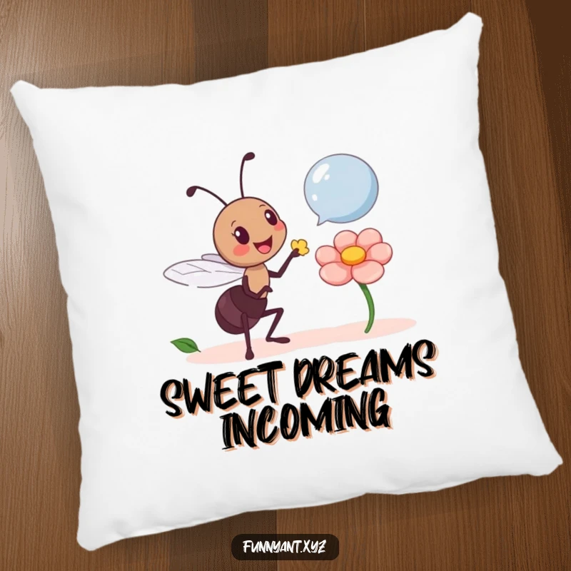 Funny Ant Offering Flower Pillow: A cute ant character humorously offers a flower petal, bringing comfort and smiles.