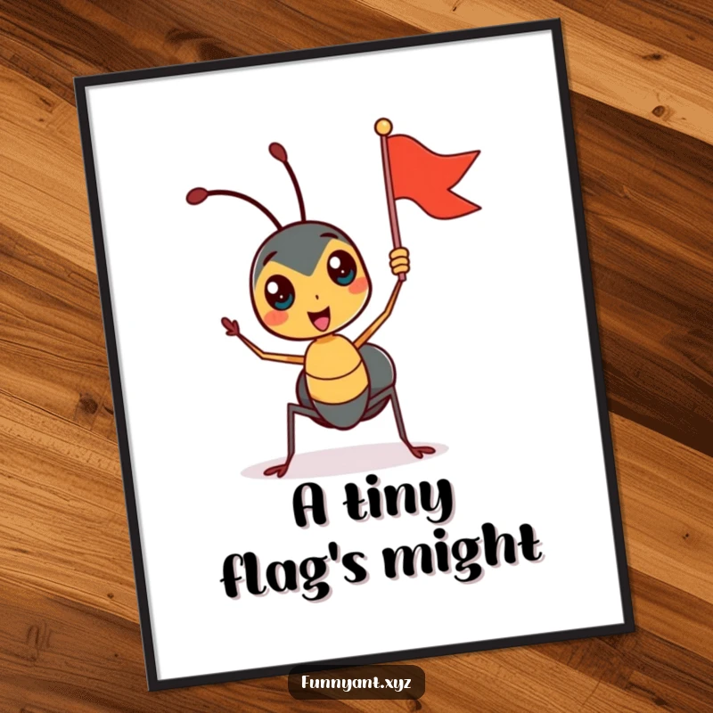 Funny digital art print of a cute ant character enthusiastically waving a tiny flag, perfect for printable wall decor adding cheer instantly.