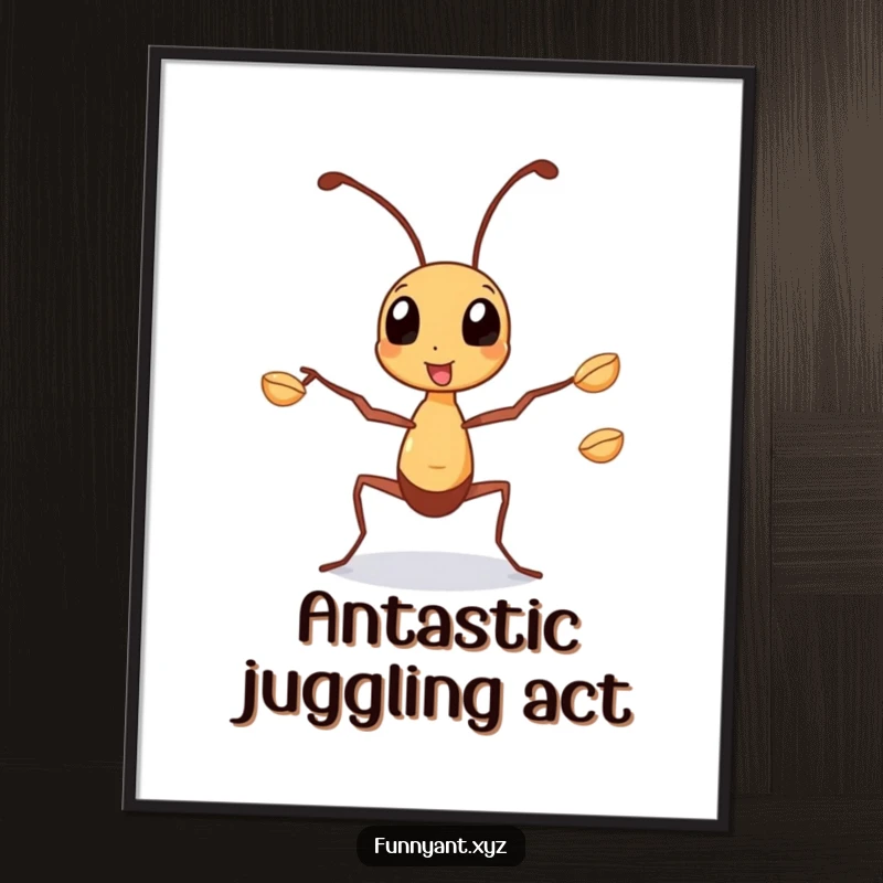 Funny Digital Art Print: A busy ant character juggling three tiny seeds with its legs, symbolizing industriousness and focus.