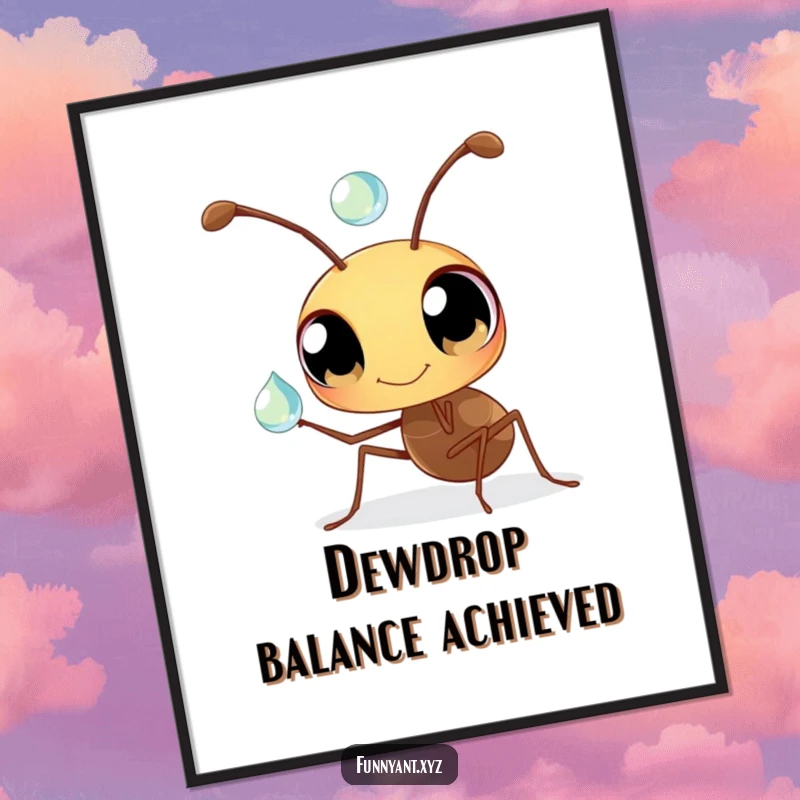 Funny Ant Digital Art Print: A charming ant with large curious eyes balancing a dewdrop on its antenna, ready to be printed and enjoyed.