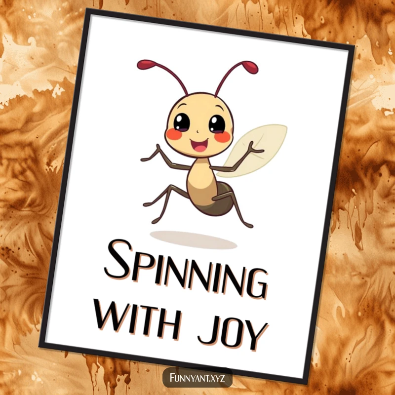 Funny digital art print of a cute ant character doing a joyful spin with leafy antennae, perfect for printable decor adding instant happiness.