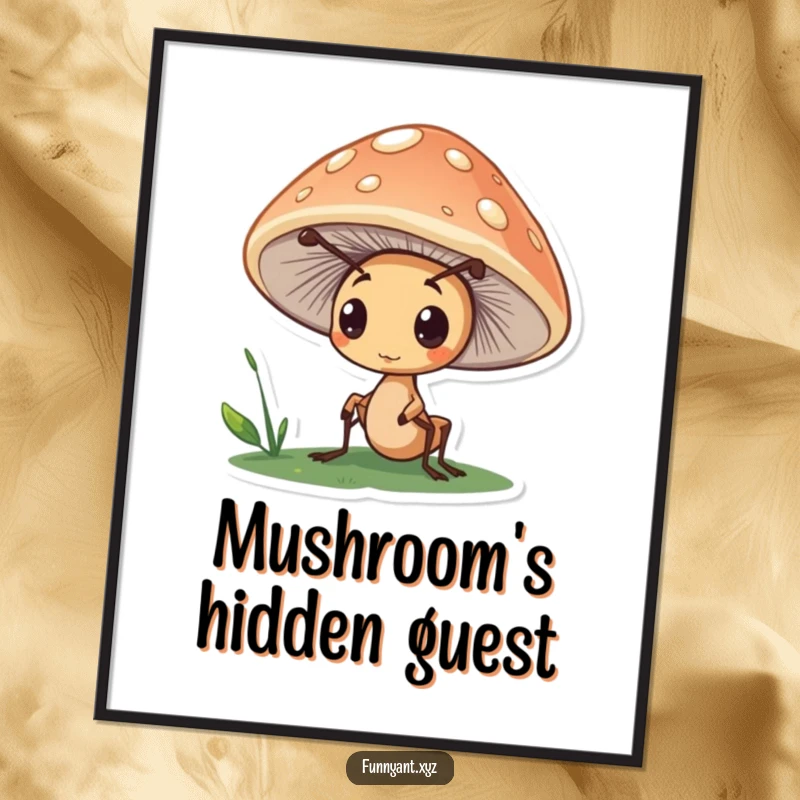 Funny digital art print of a cute ant character peeking curiously from under a mushroom cap, perfect for printable decor adding instant gentle wonder.
