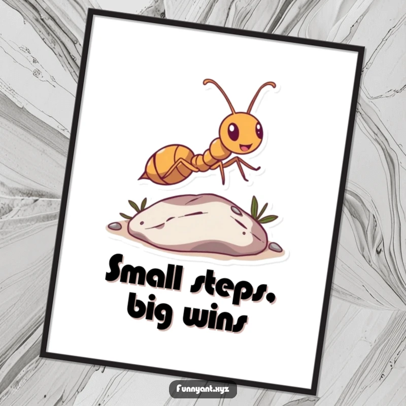 Funny Ant Leaping Pebble Digital Art Print: An ant character joyfully leaps over a small pebble, a humorous and uplifting digital artwork.