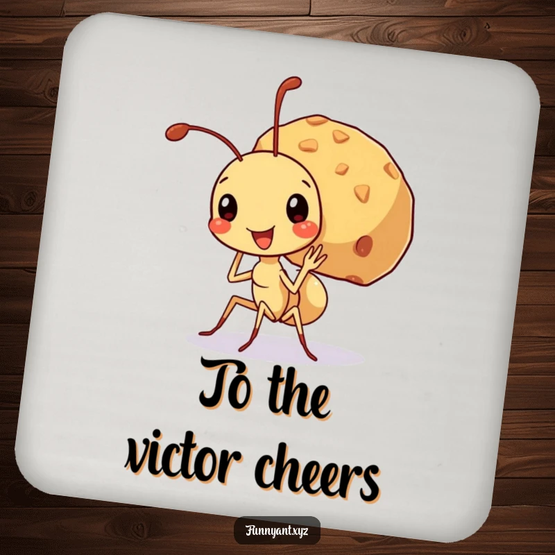 Funny drink coaster featuring a cute ant character beaming, carrying a large crumb, symbolizing strength and determination while protecting surfaces.