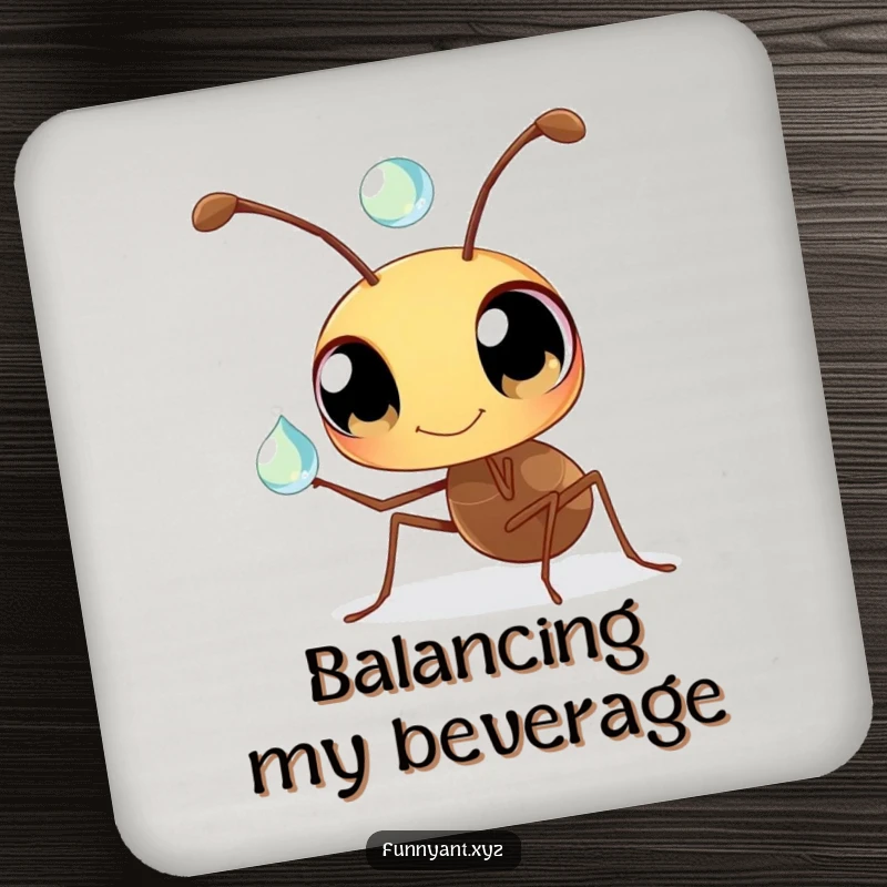 Funny Ant Coaster: A detailed illustration of a tiny ant balancing a dewdrop on its antenna, a humorous and protective surface.