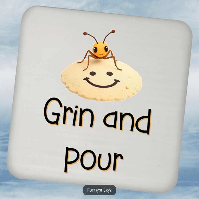 Funny drink coasters with a tiny ant artistically drawing a smiley face in the sand, offering humorous protection.