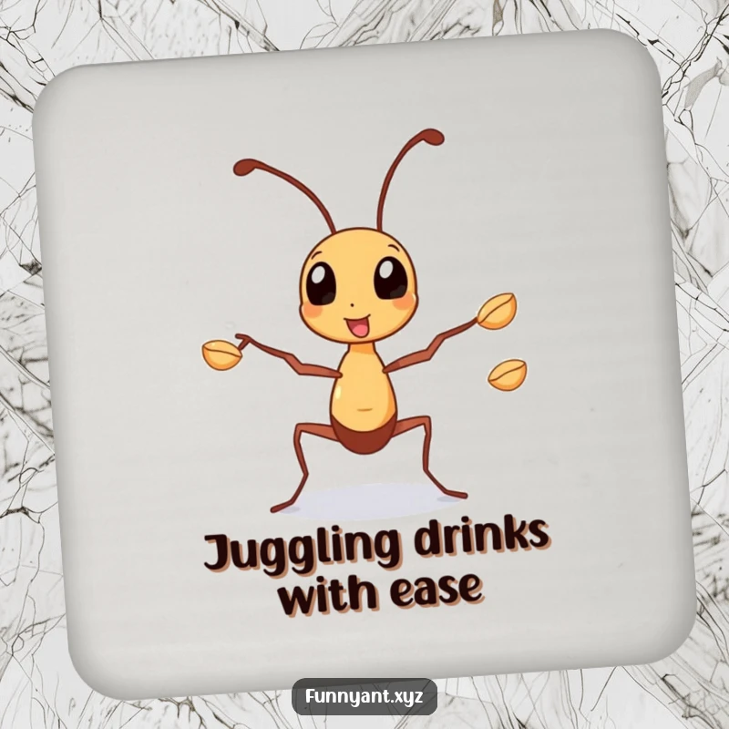 Funny Drink Coaster: A busy ant juggling seeds with its legs, perfect for protecting surfaces with a reminder of dedication.