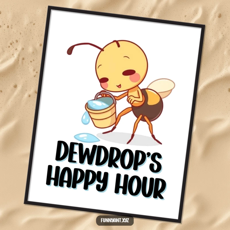 Funny poster art of a cute ant character playfully tipping a miniature bucket of dewdrops, evoking a sense of gentle fun and nature.