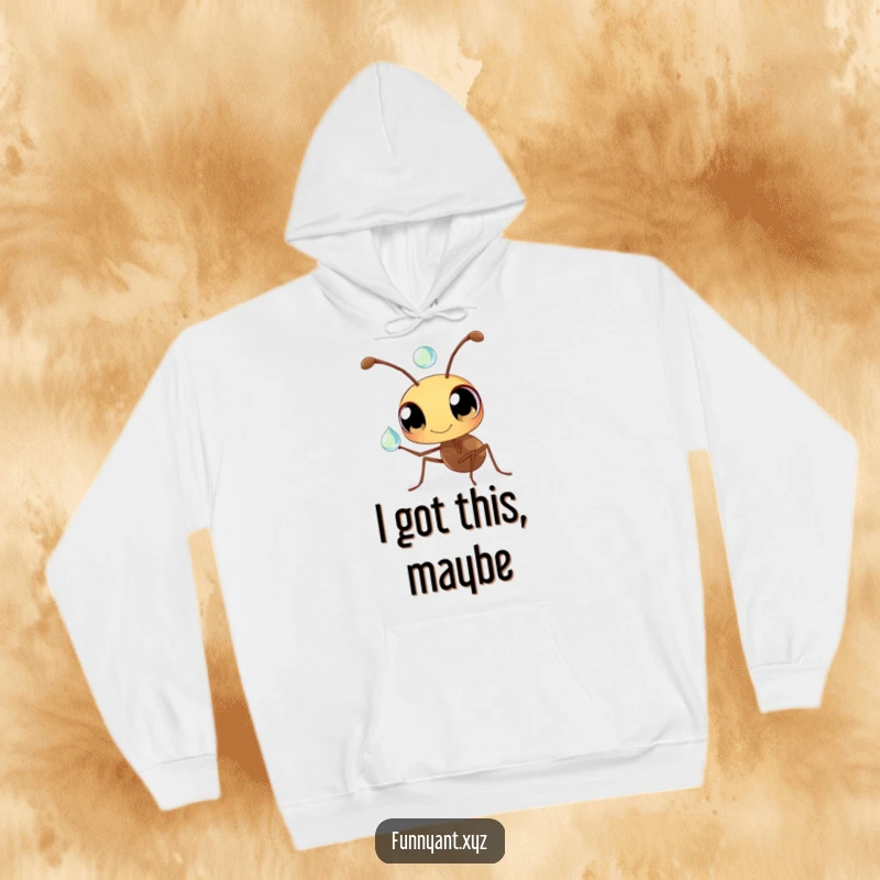 Funny Ant Hoodie: A detailed illustration of a curious ant with wide eyes, balancing a perfect dewdrop on its antenna, cozy and humorous.
