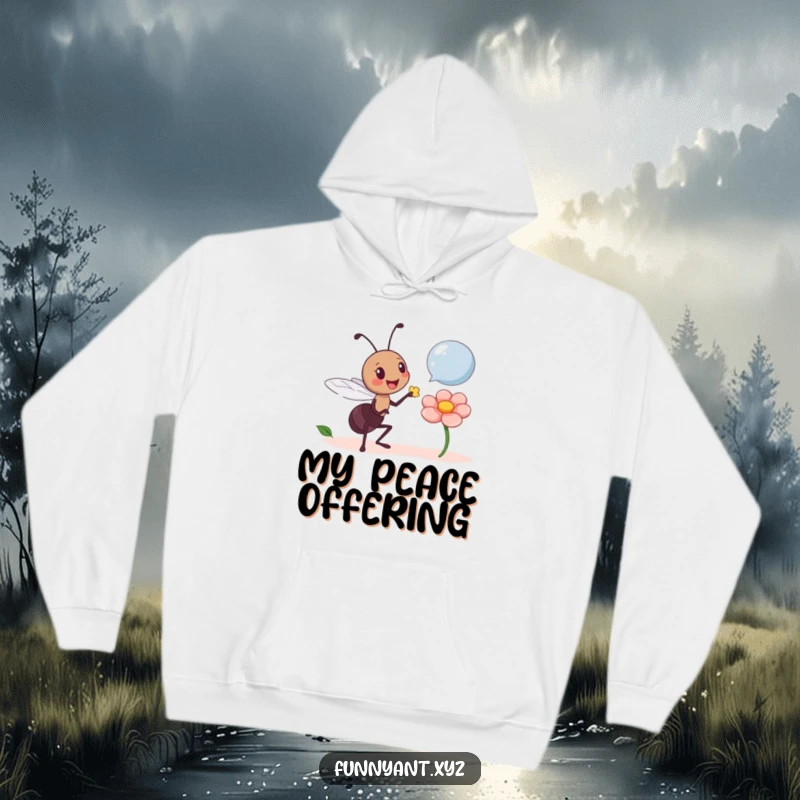 Funny Ant Giving Petal Hoodie: A cute ant character humorously offers a flower petal, spreading warmth and kindness.