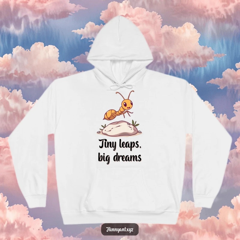 Funny Ant Leaping Pebble Hoodie: A determined ant character humorously leaps over a minuscule pebble, looking triumphant and ready for more.