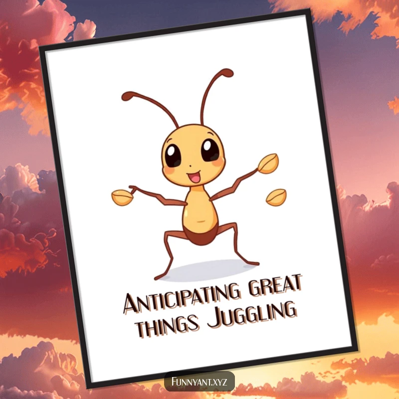 Funny Free Printable Wall Art: Busy ant juggling seeds with its legs, humorously dynamic decor.