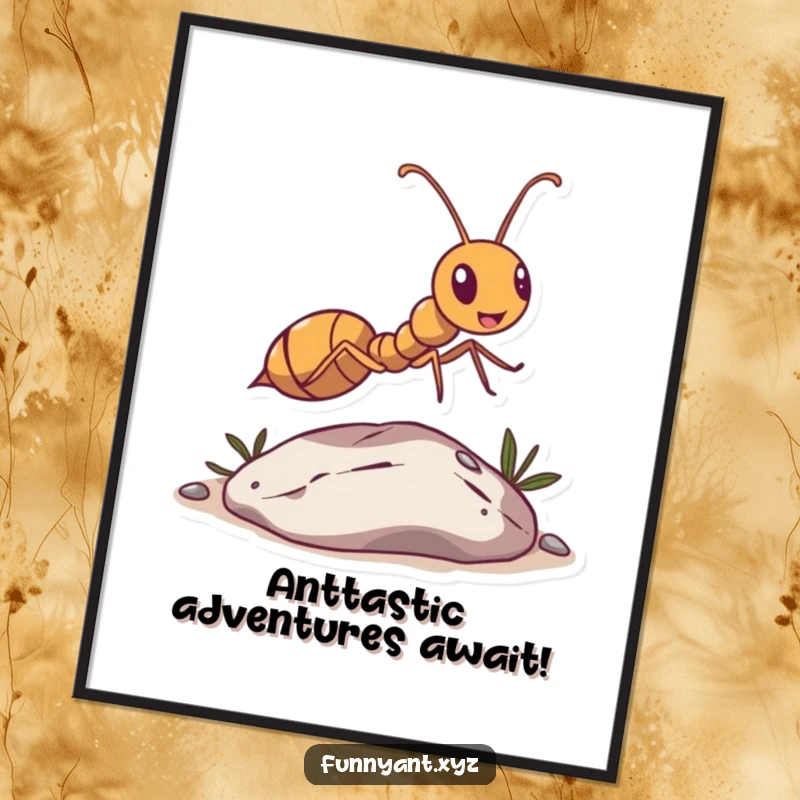 Funny Free Printable Wall Art: An energetic ant character hilariously leaping over a minuscule pebble with sheer joy and determination.