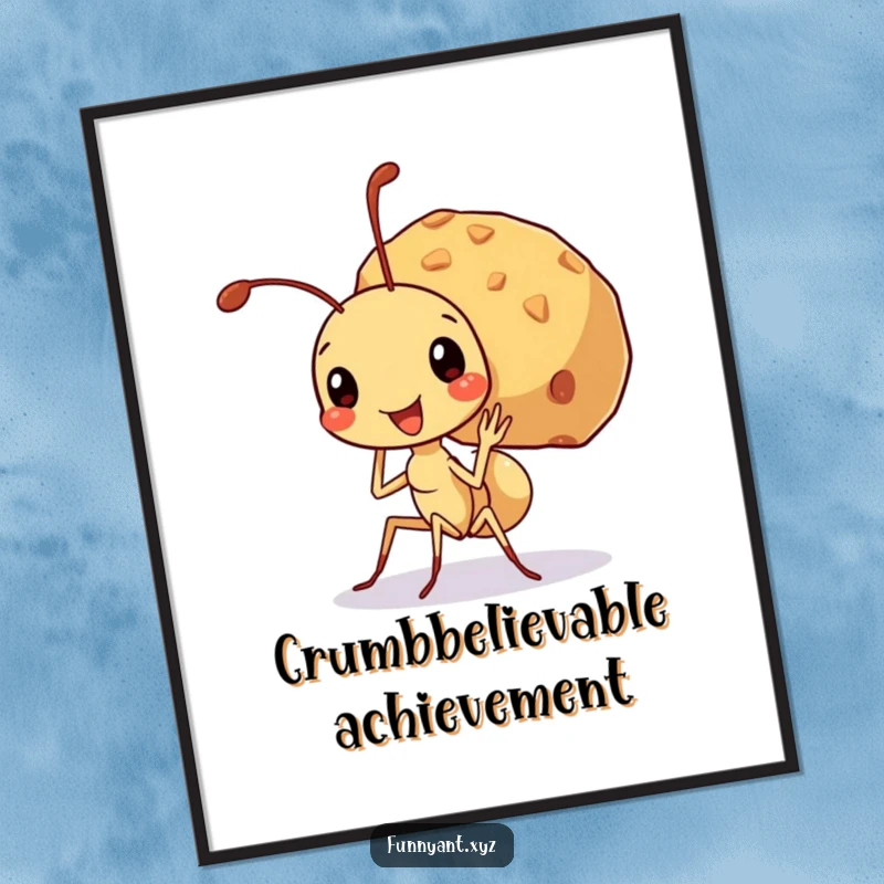 Funny Free Printable Wall Art: Cute ant carrying a crumb much larger than itself, beaming with effort and pride.