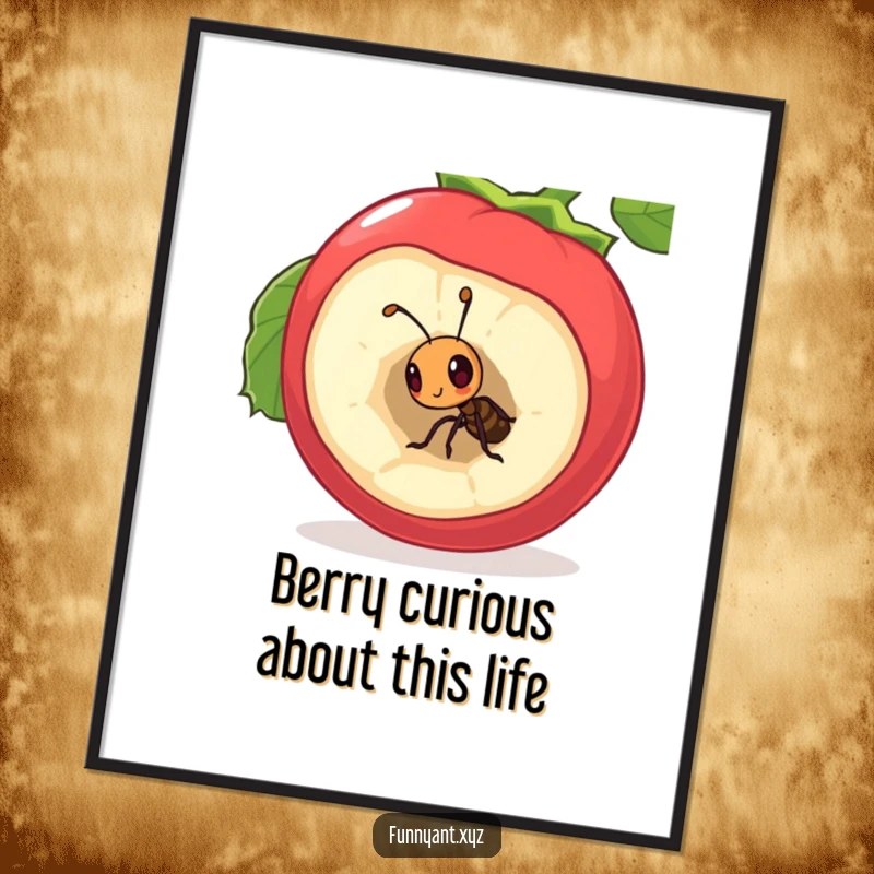 Funny Free Printable Wall Art: Curious ant peeking into a large berry, humorously whimsical decor.