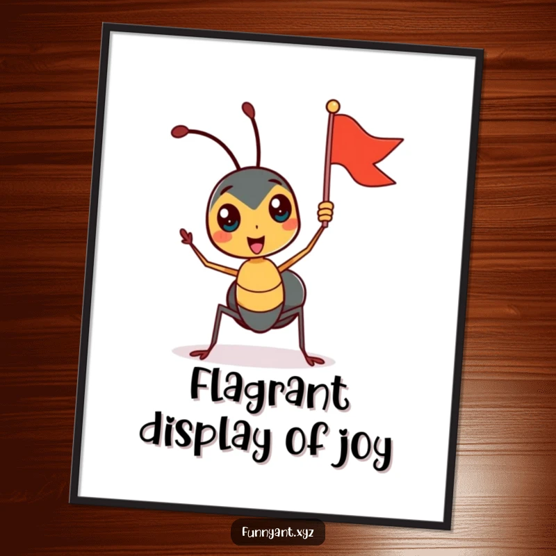 Funny Free Printable Wall Art: Cute ant enthusiastically waving a tiny flag, bringing a smile to your home decor.