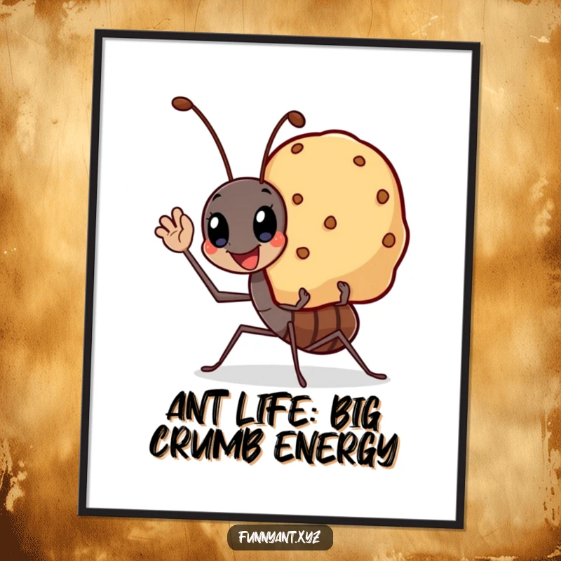 Funny Free Printable Wall Art of a kawaii ant waving happily as it carries a large, smiling crumb, bringing cheerful vibes.