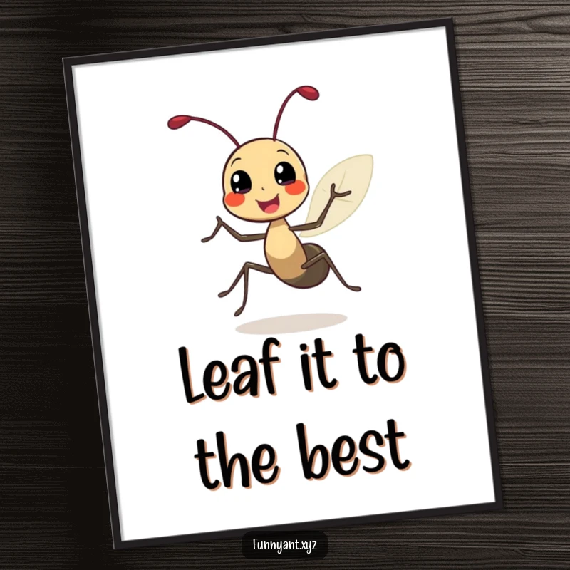 Funny Free Printable Wall Art: Cute ant doing a joyful spin with leafy antennae, adding a dynamic, happy feel.