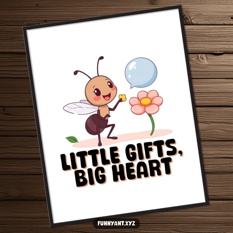 Funny Free Printable Wall Art: A joyful ant character kindly offers a single flower petal to an unseen friend, radiating warmth.