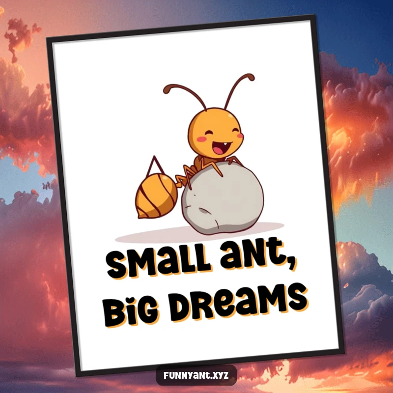 Funny Free Printable Wall Art: A happy ant joyfully pushing a giant pebble, illustrating strength, perseverance, and a can-do attitude.