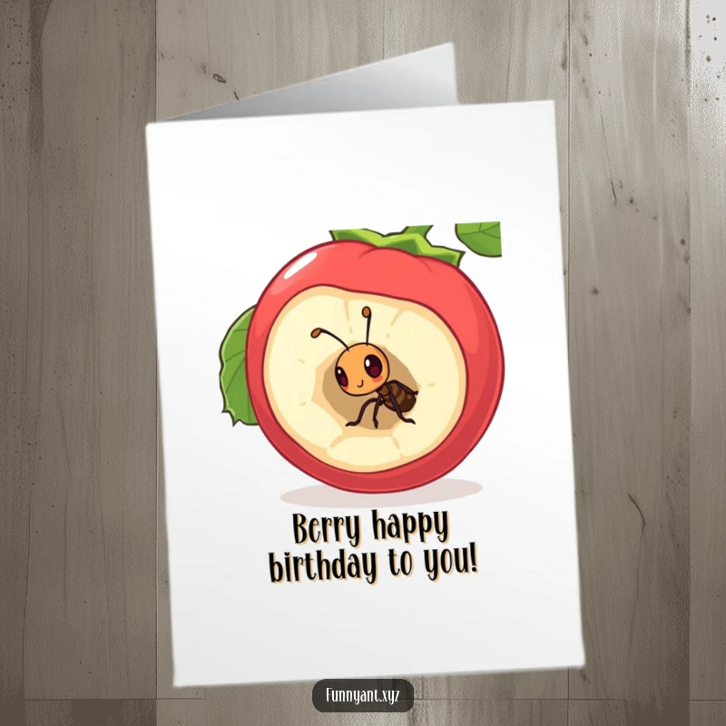 Funny Free Printable Birthday Card: Curious ant peeking into a large berry, humorously exploring birthday wishes.