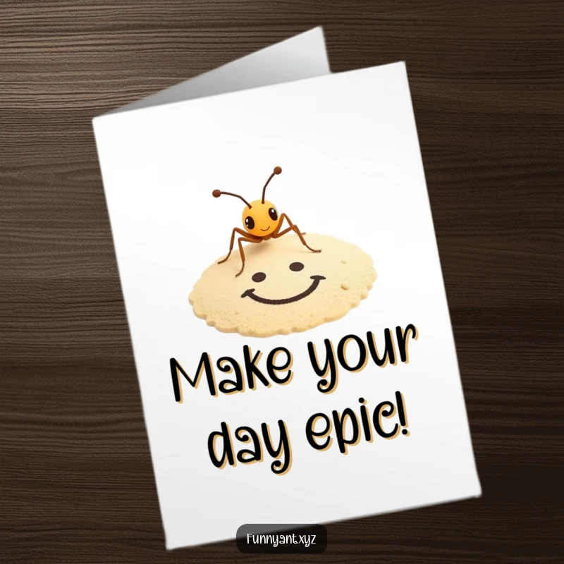Funny Free Printable Birthday Card with a tiny ant artistically drawing a smiley face in the sand, conveying cheerful wishes.