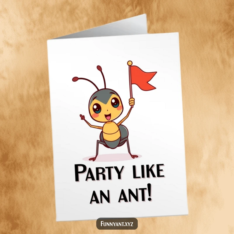 Funny Free Printable Birthday Card: Cute ant enthusiastically waving a tiny flag, ready to celebrate your special day.