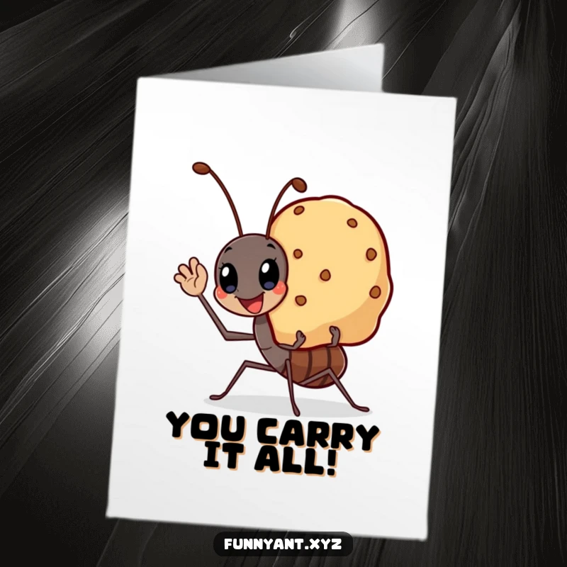 Funny Free Printable Congratulations Card showcasing a kawaii ant waving as it carries a large, smiling crumb, celebrating achievements.