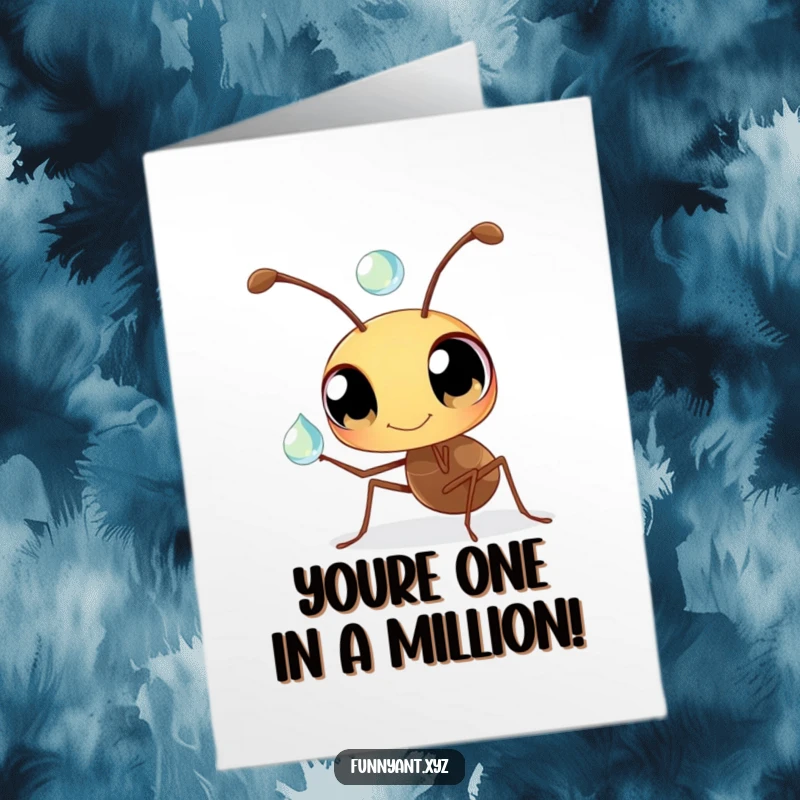 Funny Free Printable Congrats Card: A determined ant, eyes wide with concentration, perfectly balancing a shimmering dewdrop on its antenna.