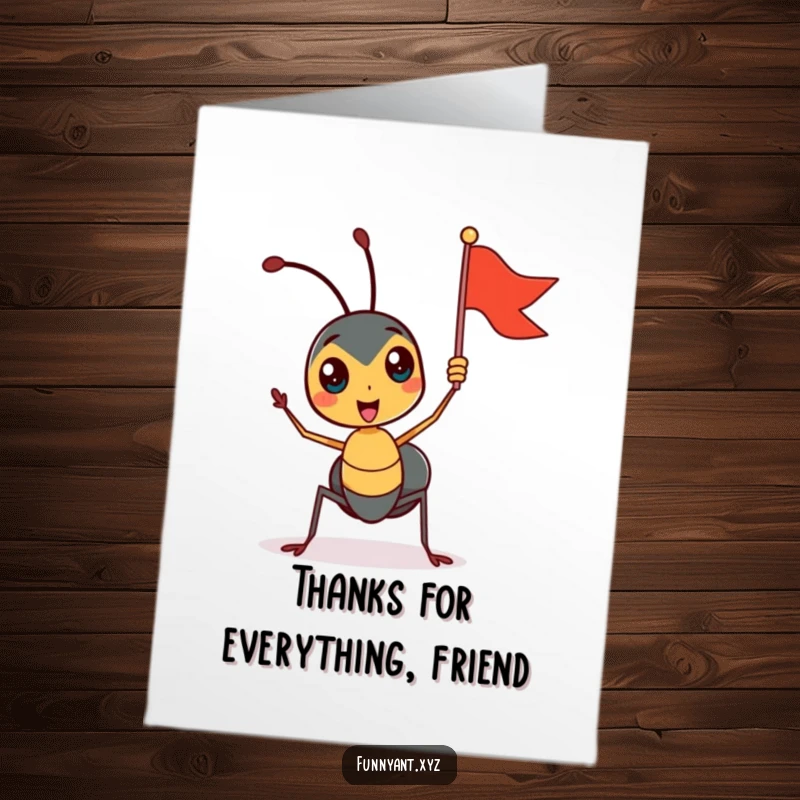 Funny Free Printable Thank You Card: Cute ant enthusiastically waving a tiny flag, expressing sincere thanks.